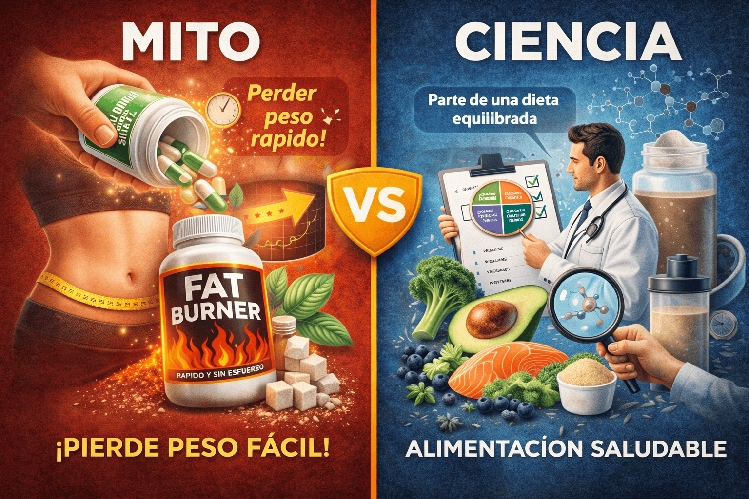 Imagen de un suplemento para perder peso y un profesional analizando alimentos saludables.